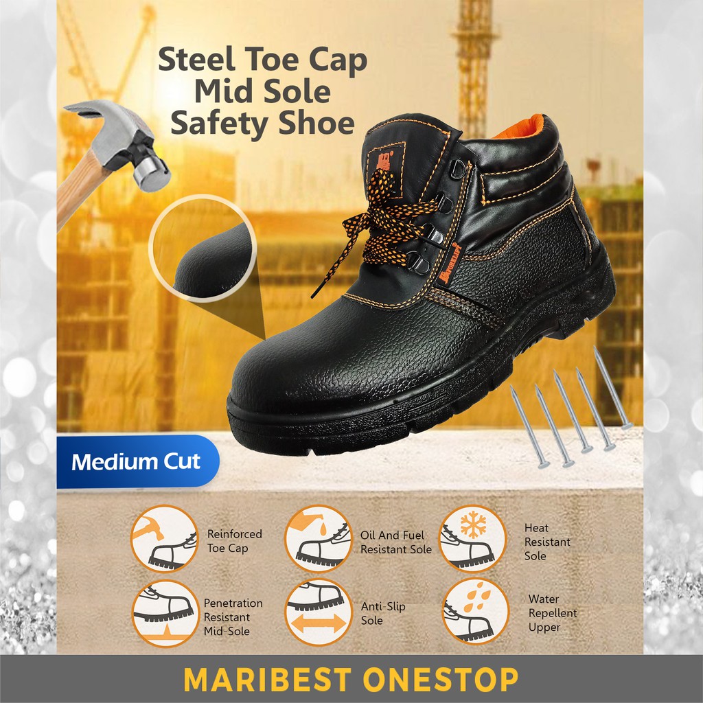 🌹[Local Seller]  Safety Shoe Steel Toe Cap Mid Sole Medium OR Low Cut Black (RANDOM RED / ORANGE