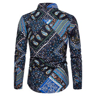 Men Casual Printing Shirts Long Sleeve Slim Fit Linen 