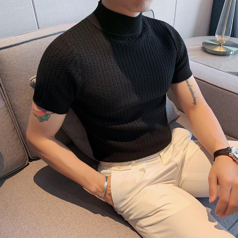 Half Turtle Neck Men Knitwear Short Sleeve Baju Turtleneck Lelaki Knitted New Style Spring Autumn Half-High Neck T-Shirt Men's Slim Sweaters