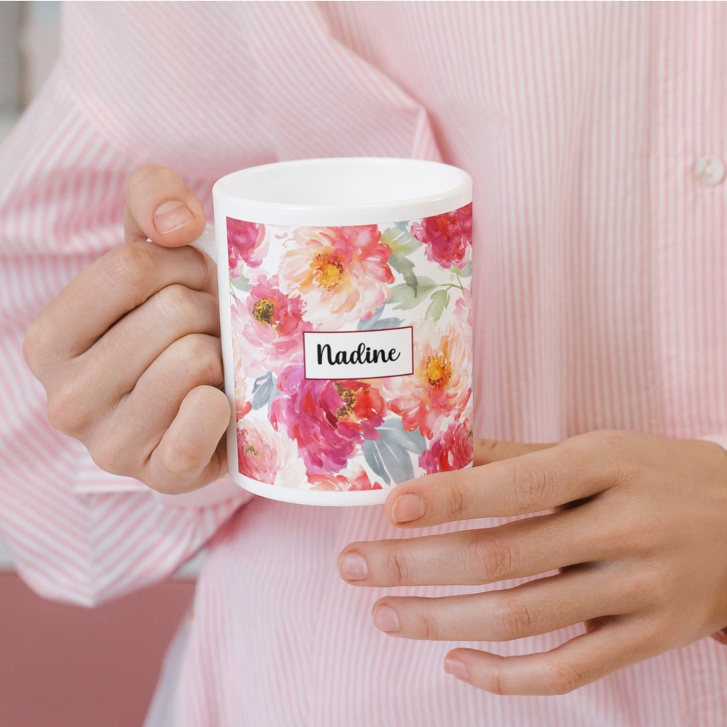 Pink Peonies Personalised Mug | Cofffee Tea Hot Chocolate | Gift Hadiah | Cup Cawan | Birthday