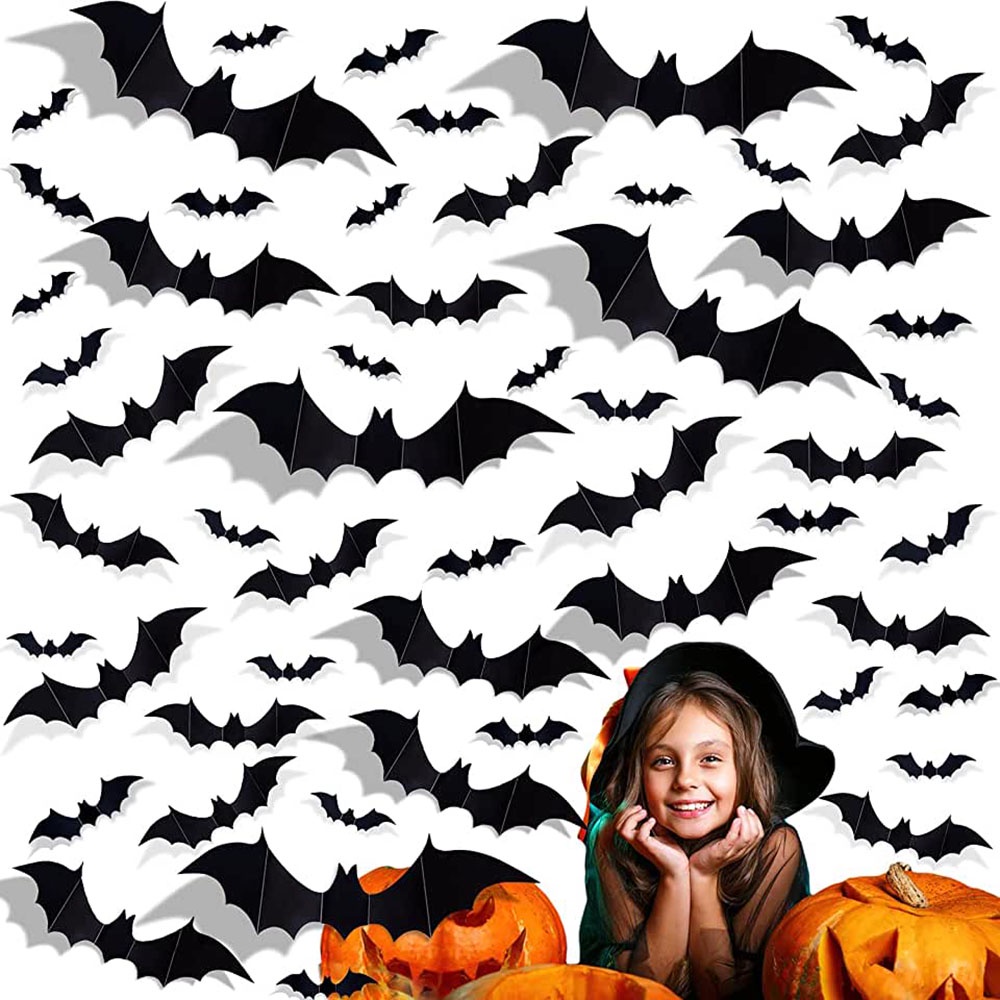 12/60pcs Halloween Decoration 3D Black Bat Stickers Halloween Party DIY Decor Bar Room Halloween Party Scary Props Wall Sticker