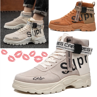Ready Stock! SUPREME Retro fashion boots Men Leather Tooling Boots High-top Martin boots Canvas Sneakers SUP Outdoor Running shoes Kasut