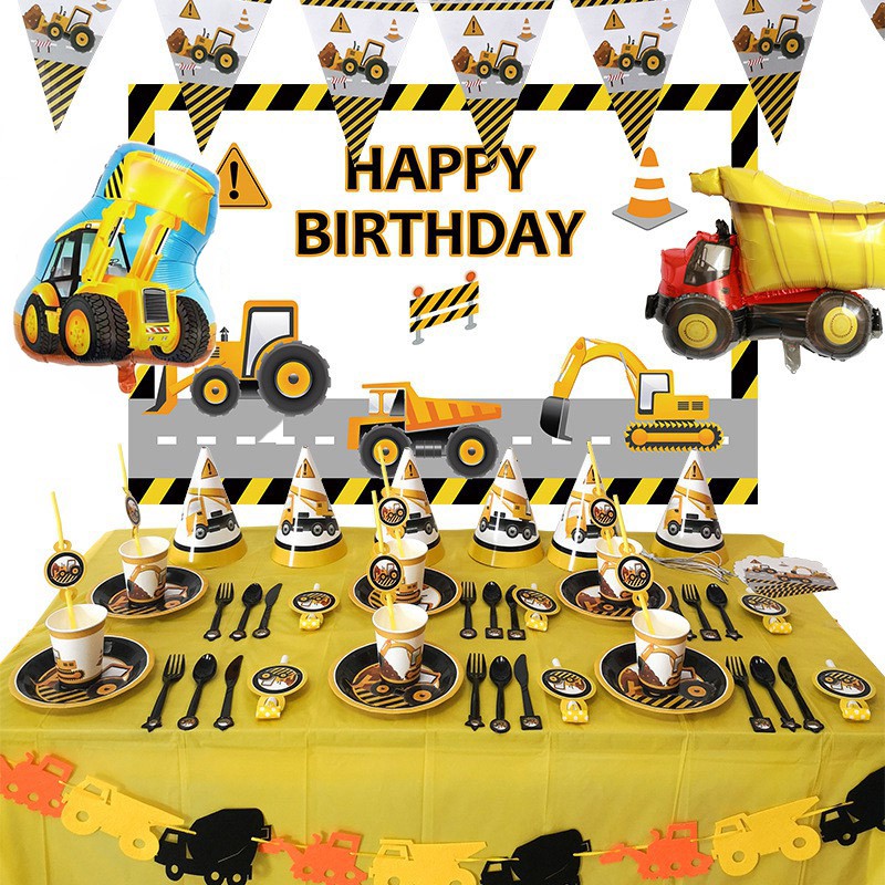 Construction Theme Party Tableware Kids Boys Excavator Truck Bulldozer Engineering Birthday Party Decorations