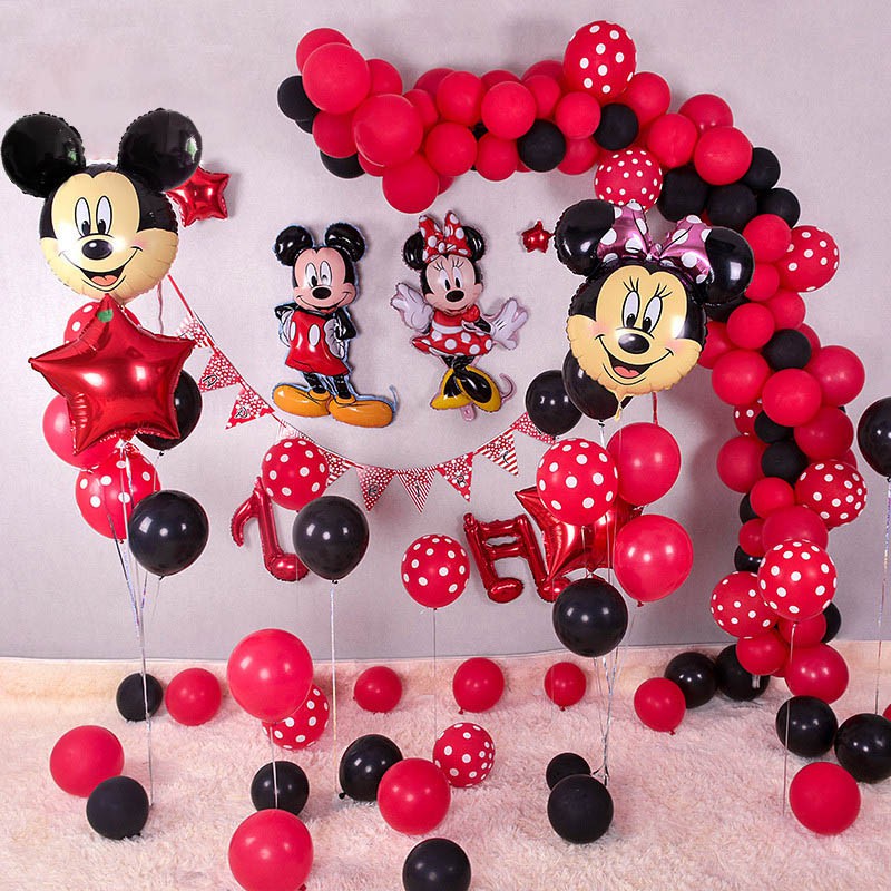 1set Minnie Mickey Mouse Head Foil Balloons Red Black Latex