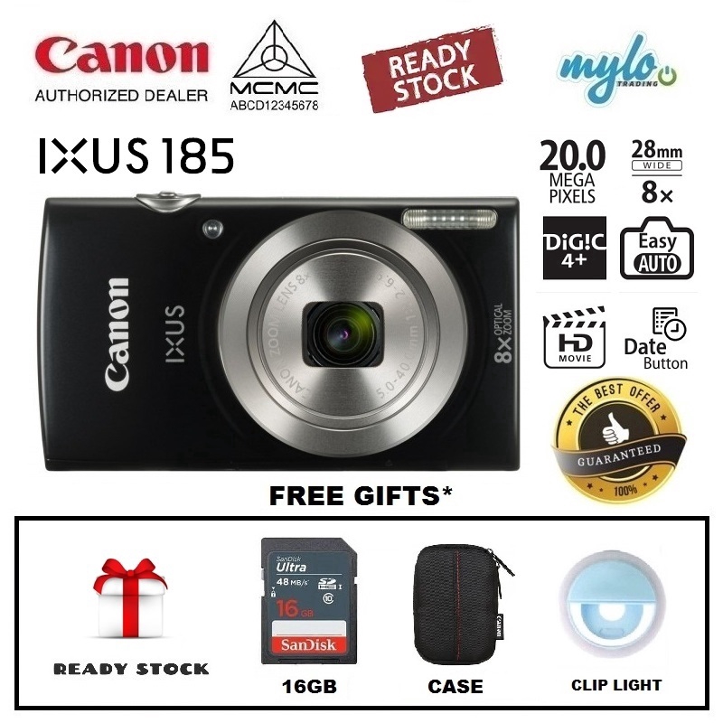 Canon IXUS 185 Digital Compact Camera with Case & Clip Light & Memory
