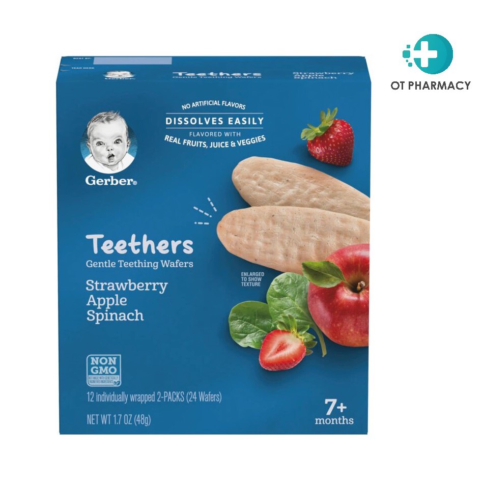 Gerber Teethers Gentle Teething Wafers, 7+ Months, Strawberry Apple Spinach, 12 Packs, 2 Wafers