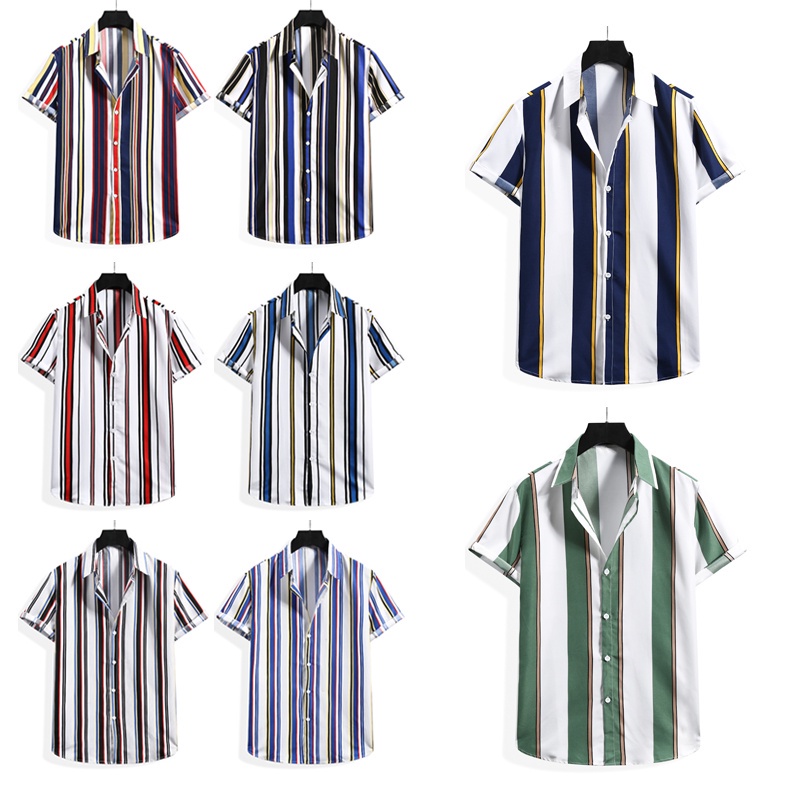 Baju Lelaki New Arrival Men's Summer Casual Stripe Shirts Printed Short Sleeve Shirts