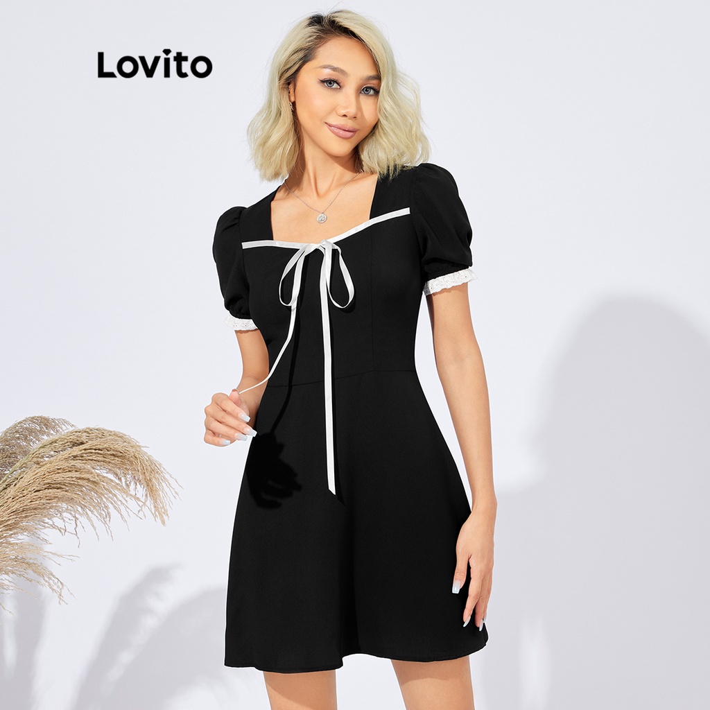 Lovito Casual Plain Contrast Lace Tie Front Puff Sleeve Sweetheart ...