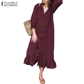 Image of ZANZEA New Dress Women 3/4 Sleeve Elastic Cuffs Buttons Swing Long Dress