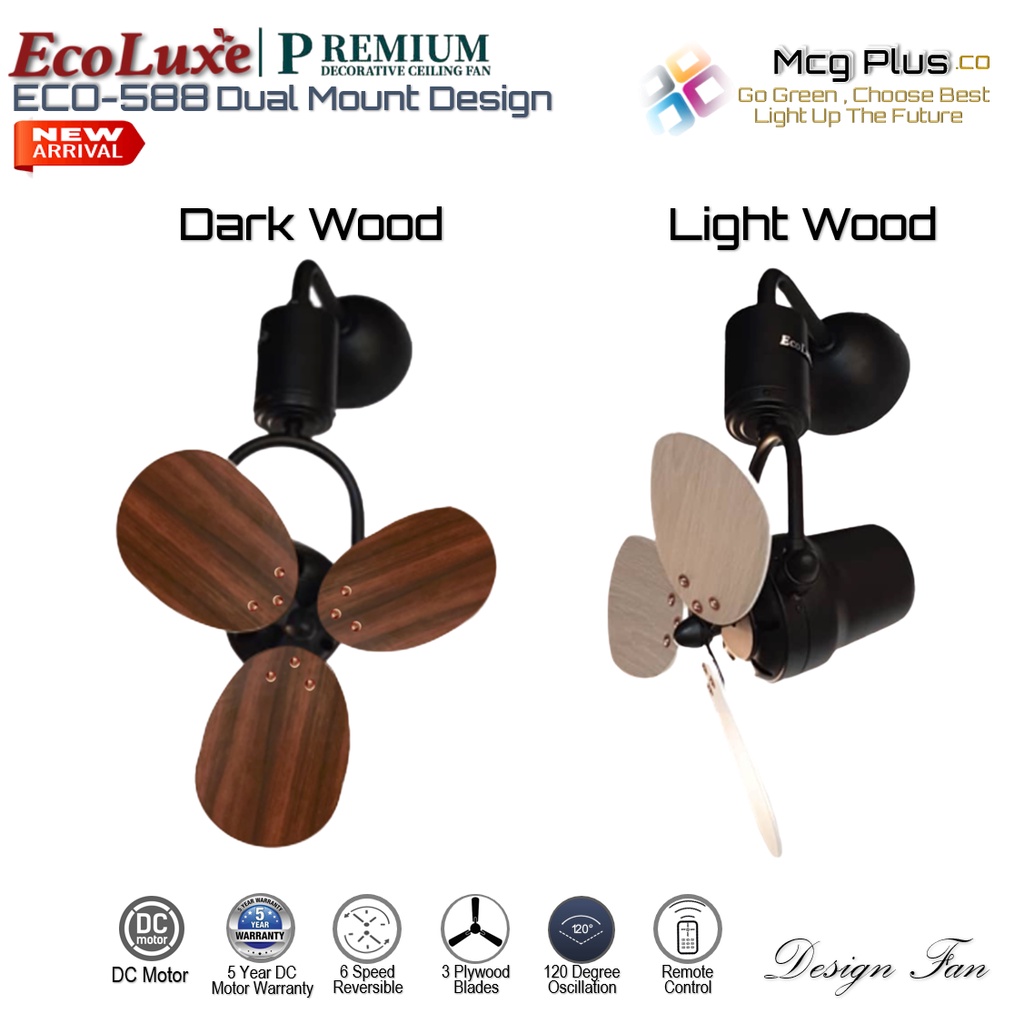 ECOLUXE ECO588 18" / ECO388 16" Ceiling/Wall Mounting Fan With Remote