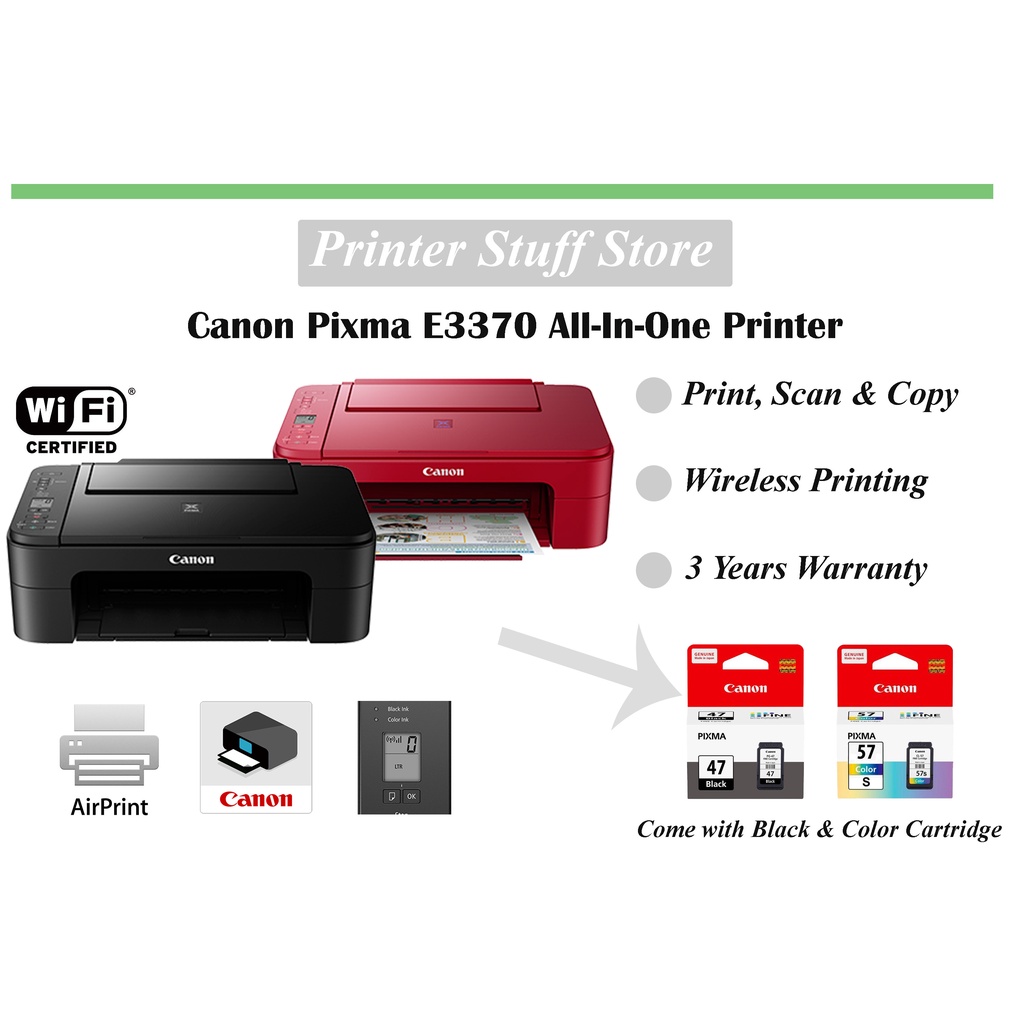 Canon Pixma E3370 Wireless AllInOne Printer (Black or Red) Air Print