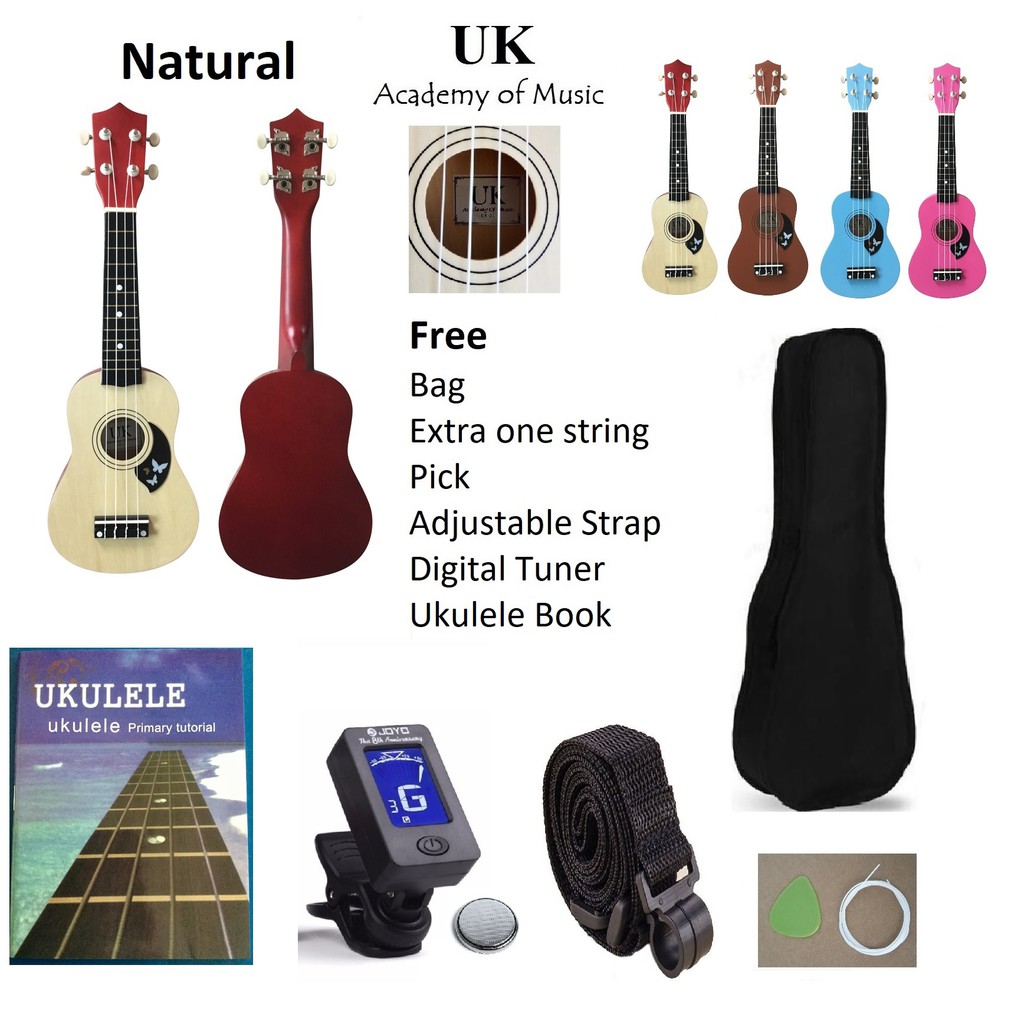 UK Ukulele Wood Soprano 21 Inch With Pickguard Free BagPickStrapTunerStringBook