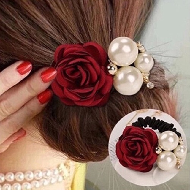READY STOCK Women Girls Pearl Rose Flower Scrunchie HairBand Elastic Hair Ponytail Holder