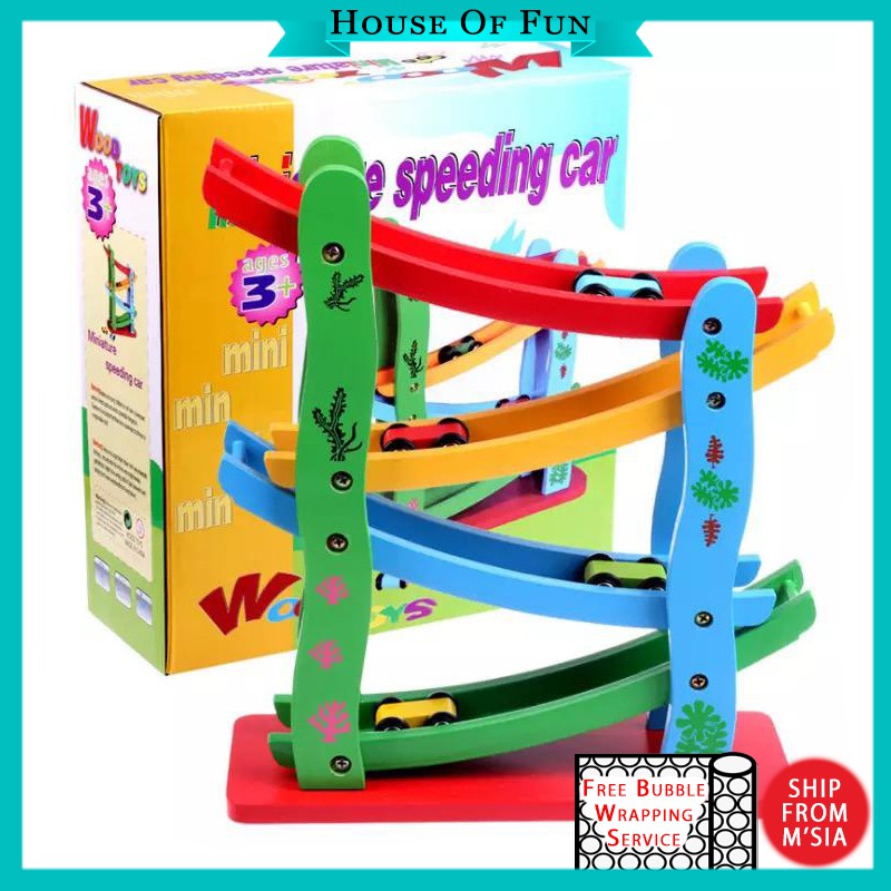 Miniature Speeding Car Wooden Toy 4 Level Sliding Track Wooden Car Ladder Gliding Toy With 4Car Set Toys for Kids Mainan