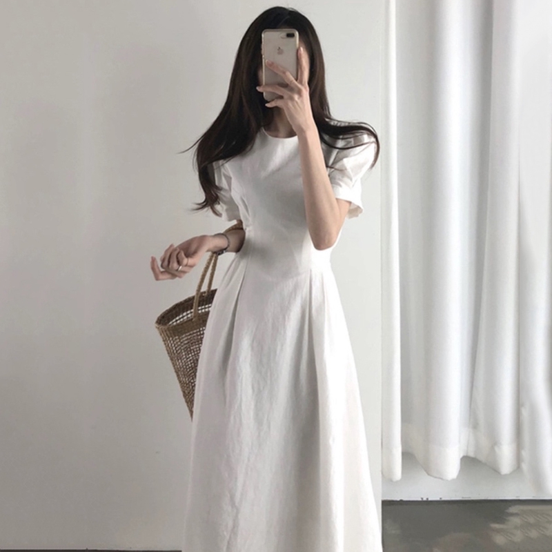 Korean Simple Style Summer Women Puff Sleeve One Piece Wrap Slim Waist Long Maxi Dress Ready Stock New Shopee Malaysia