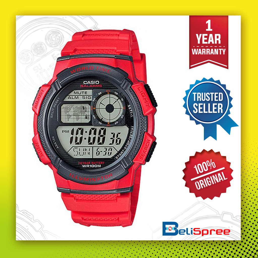 casio red digital watch