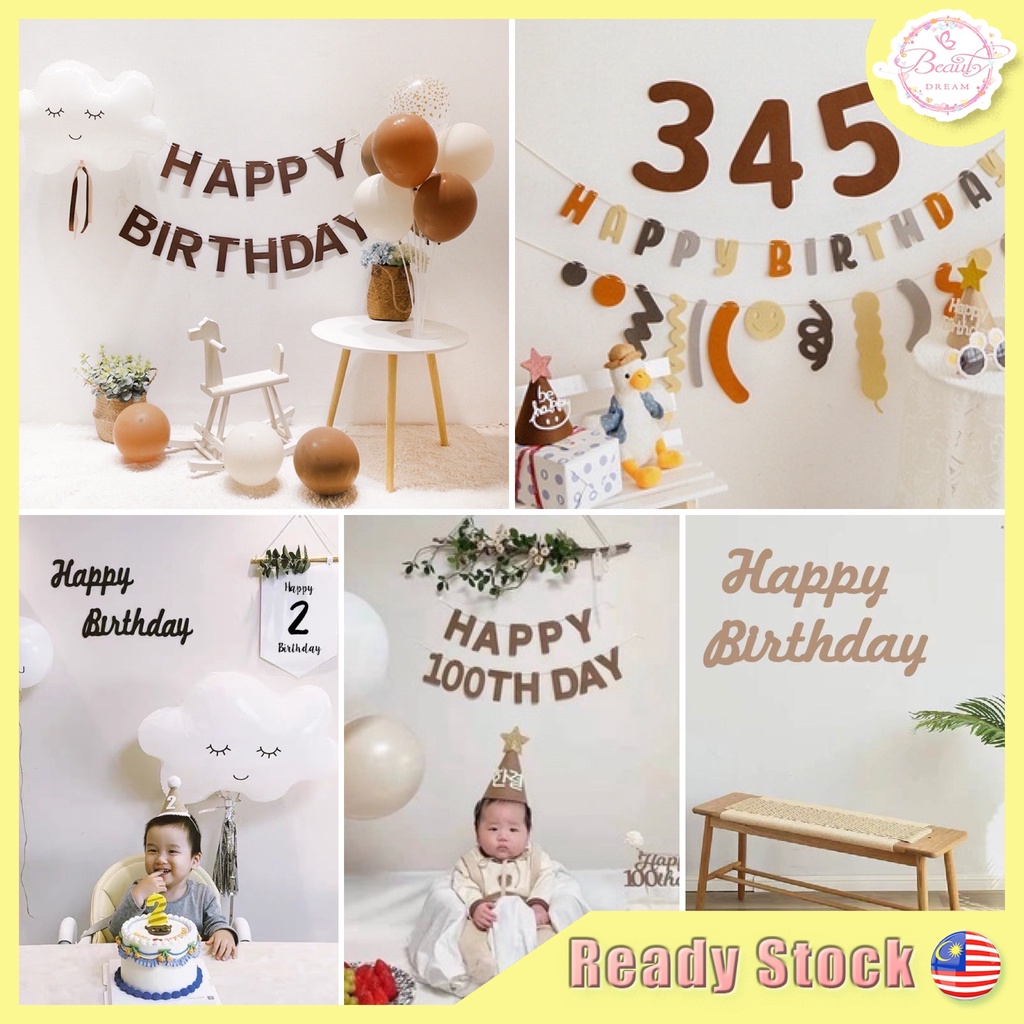 ⚡️Ready Stock⚡️INS Retro Happy Birthday Felt Letter Flag Banner Bunting Happy 100 Days Number 0-9 Party Decoration Brown