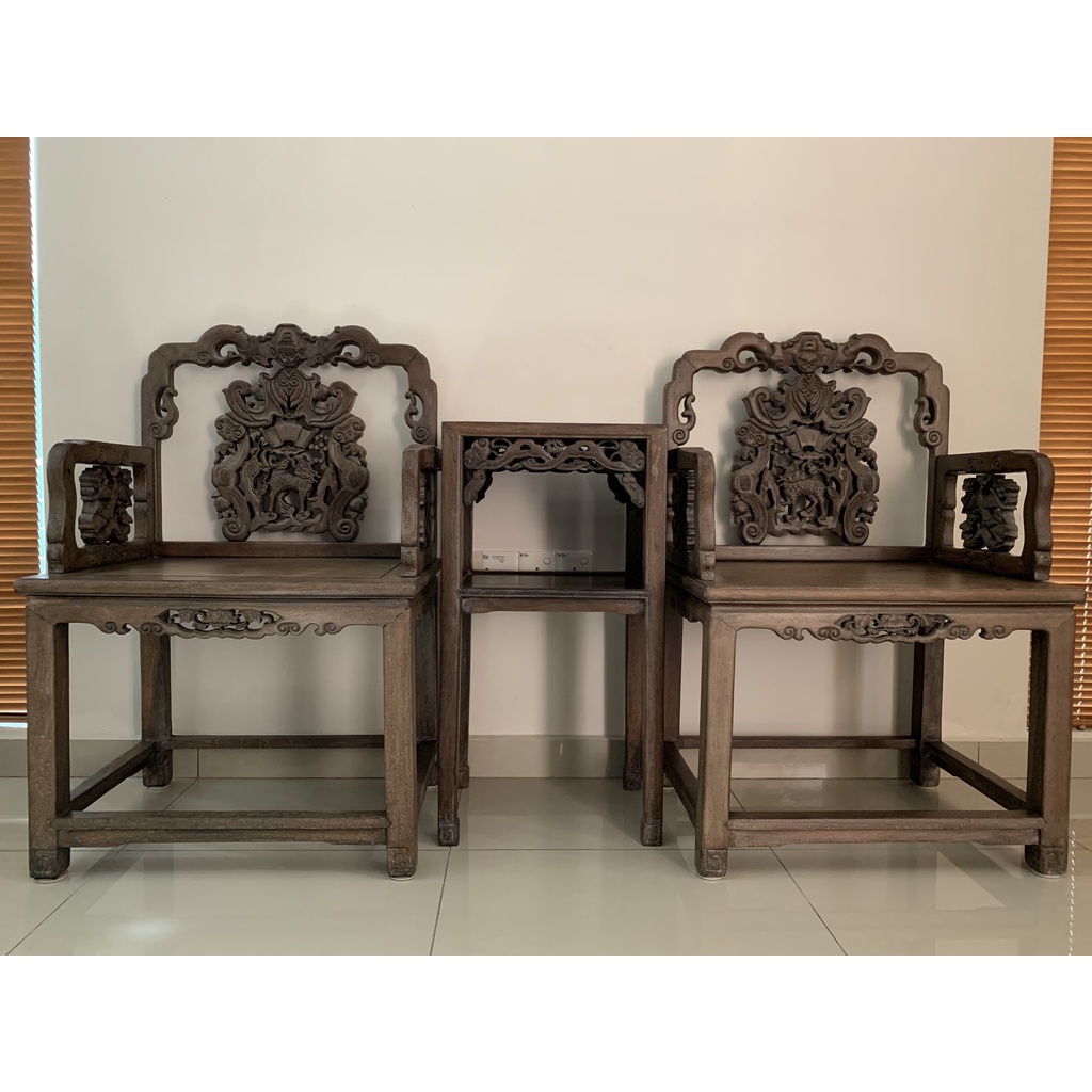 Rosewood Hollow Out Carved Crafts Antique 3-Piece Royal Palace Throne Set Table Chairs 酸枝镂空雕花百年皇宫宝座椅三件套 Meja Kerusi