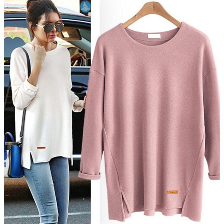 Ready StockWomen tops loose long-sleeved T-shirt casual Split plus size cotton T-shirt womensclothing laceblouse