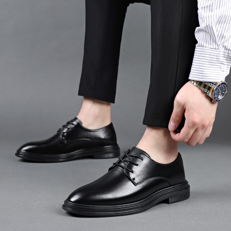 Nurshoes Formal Shoes for Men Lace Up Cap Toe Derby Shoes Round Toe Leather  Anti-Slip Low Top Block Heel Resistant Non Slip Prom (Color : Black, Size