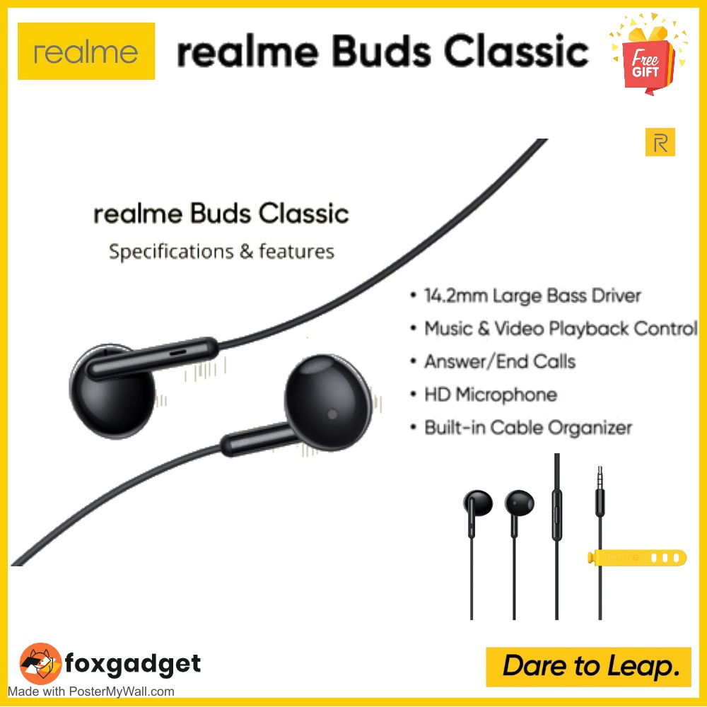 Realme Buds Classic Earphone -100% Original Comfortable Half in-ear, 14.2mm Large Driver-  In-line HD Microphon