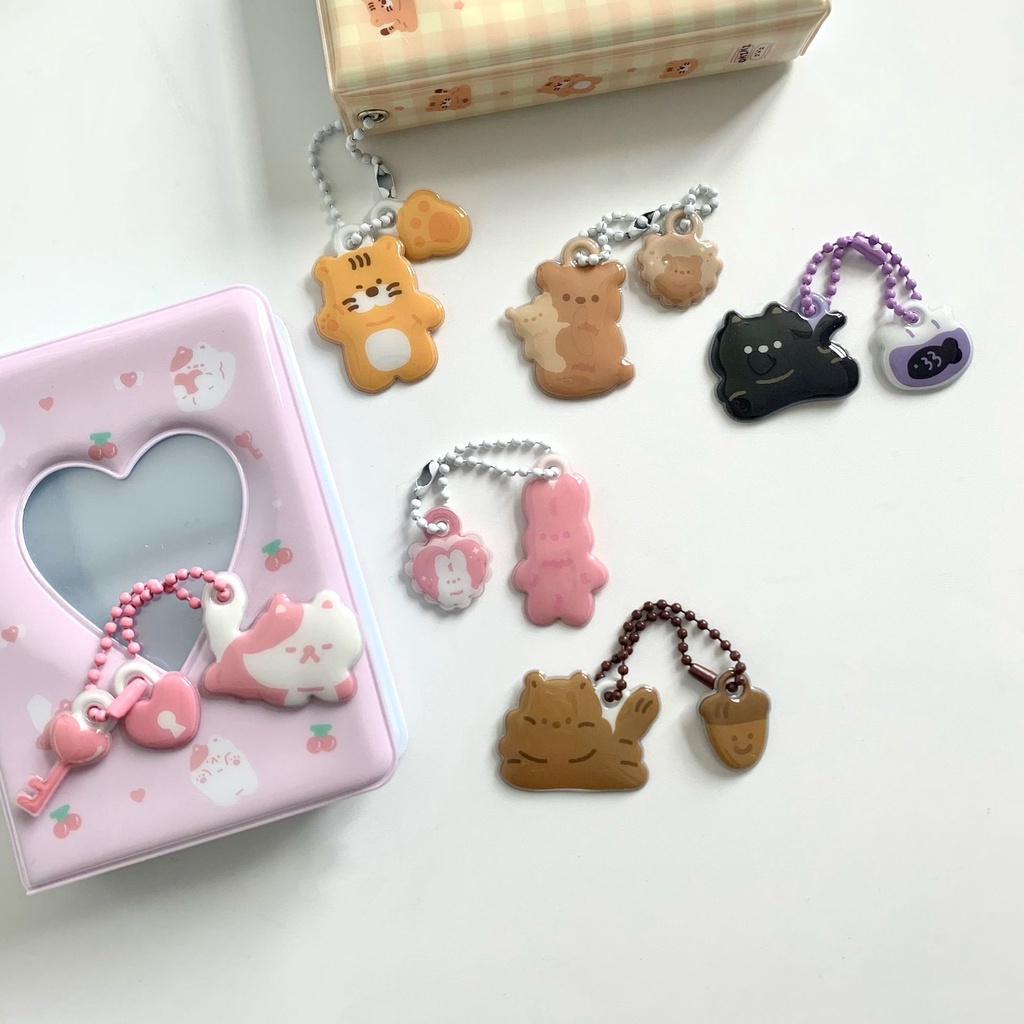ins Style Cute Tiger Cat Bear Rabbit Double-Sided Pendant Keychain Photo Album Bag Earphone Set Decoration Hanging Chain
