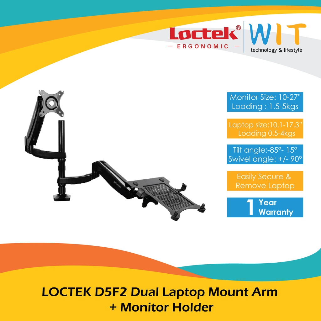 LOCTEK D5F2 Dual Laptop Mount Arm + Monitor Holder