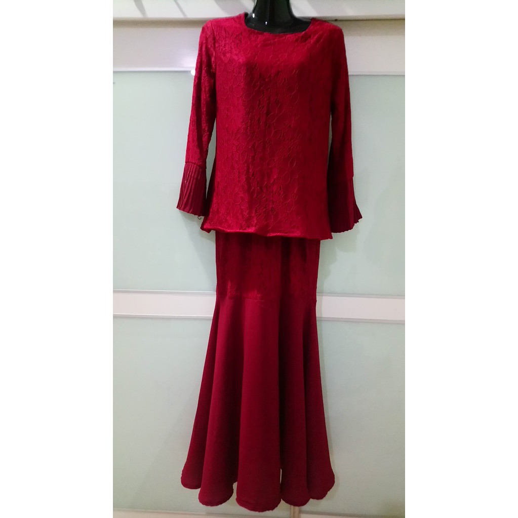 Baju Kurung Moden Lace Lengan Rompol Kain Duyung Kembang Shopee Malaysia