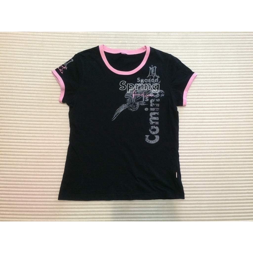 Forest Black T shirt with wordings and pink seam