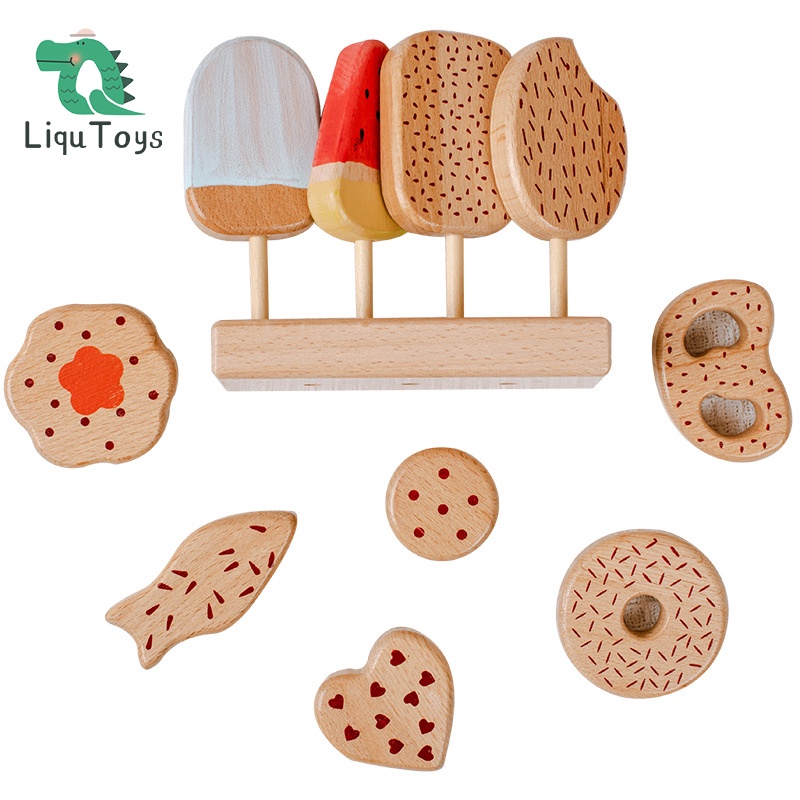 LIQU Wooden Ice Pop Shop Pretend Play Set for Kids,Realistic Ice Lolly Play Food Toys Set