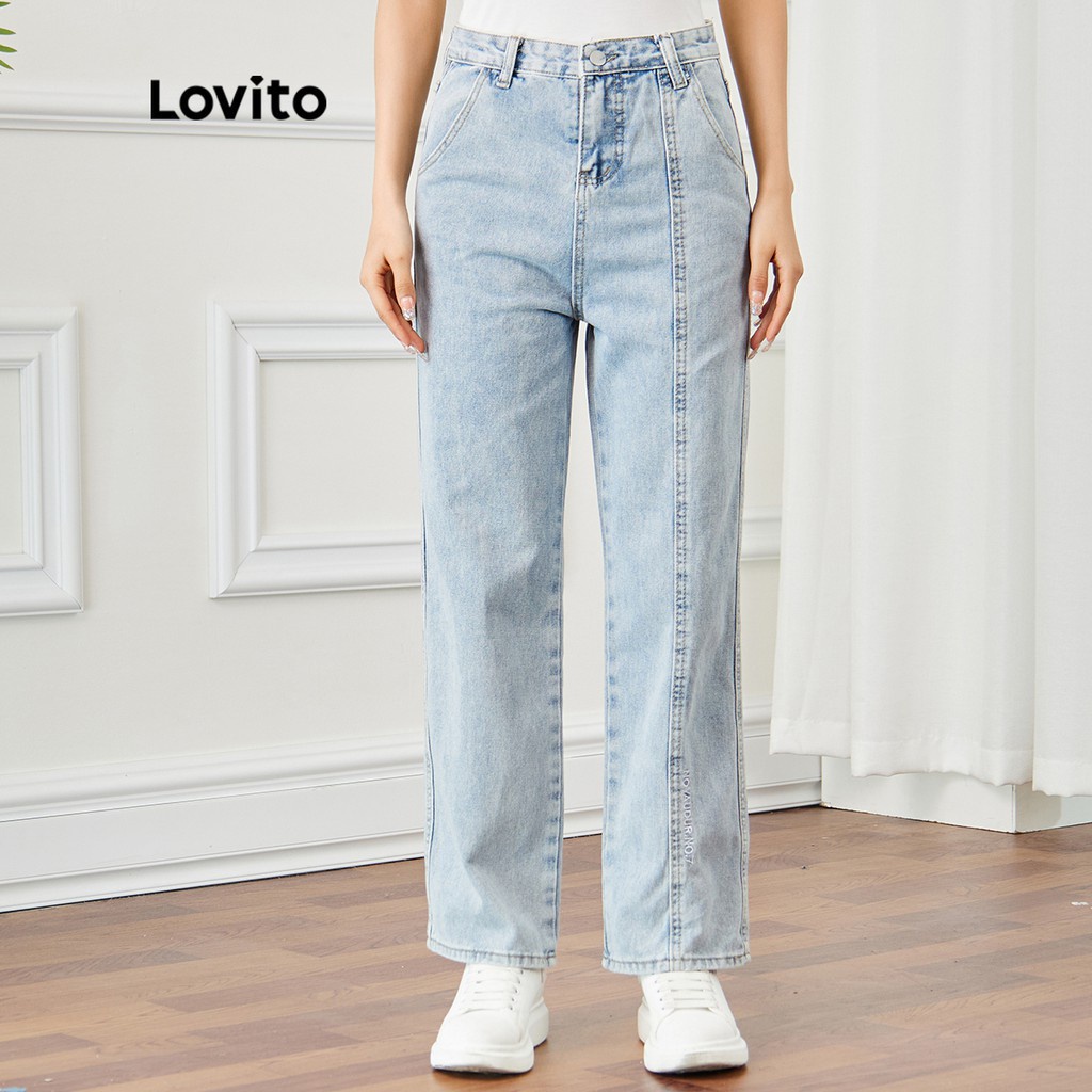 Lovito Casual Plain Embroidery Washed High Waist Straight Leg Jeans L15X137 (Blue)