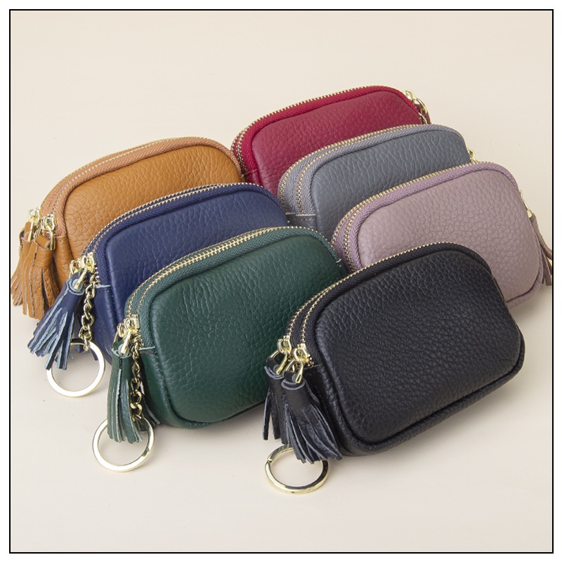 BABAG Leather Coin Purse Mini Tassel Double Zipper Large Capacity Small Wallet Key Ring Coins -G265