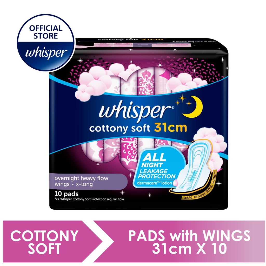 Whisper Cottony Soft Sanitary Pads Maximum Overnight Protection (31cm x 10s) [Trial Pack