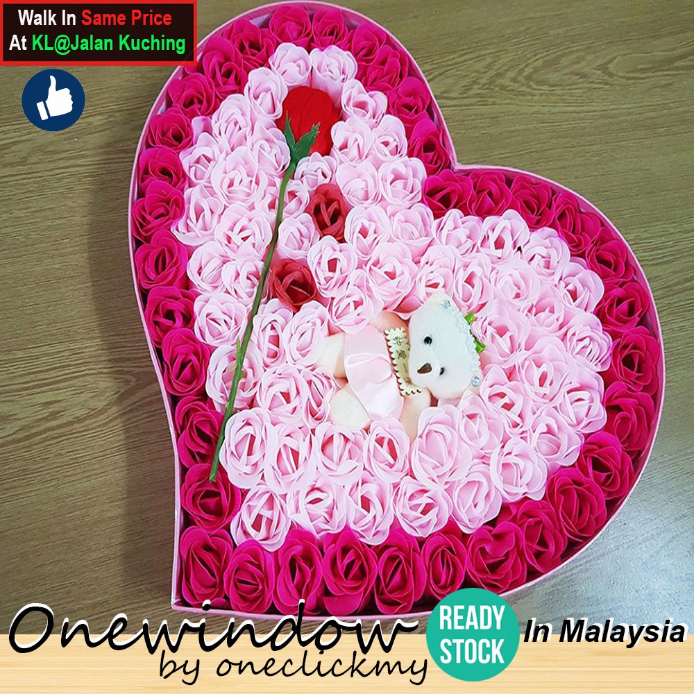 [ READY STOCK ]In Malaysia Valentine's Day 92 faded roses with bear love shape box/Bunga Sabun Valentine/情人节香皂花