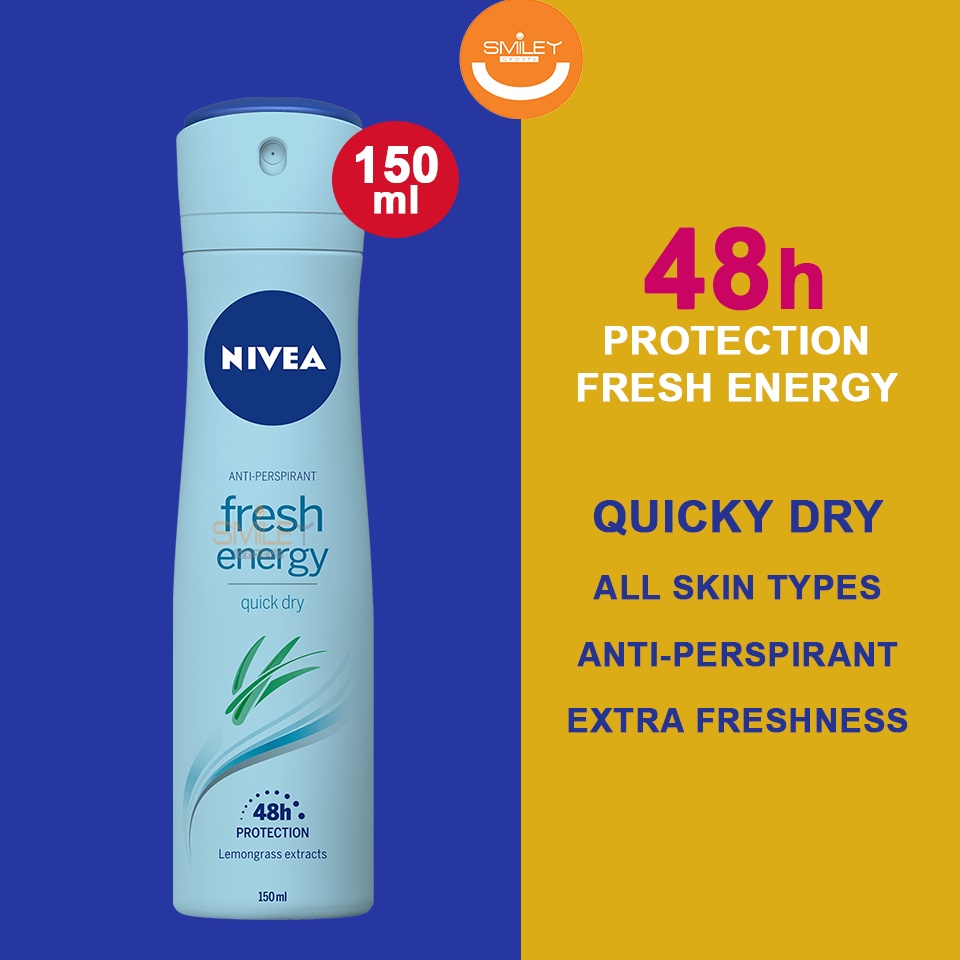 Nivea Deodrant Spray Energy Fresh 150ml Anti-Perspirant Arm Area Anti ...