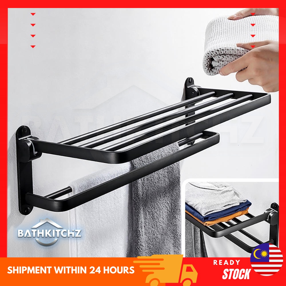 ‼️READY STOCK‼️Matte Black Towel Rack Aluminium Storage Rack Bath Towel ...