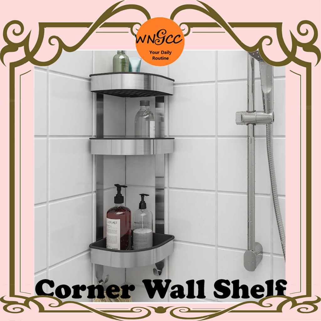 Stainless Steel Corner Wall Shelf Unit Bathroom Shower Room Rak Dinding