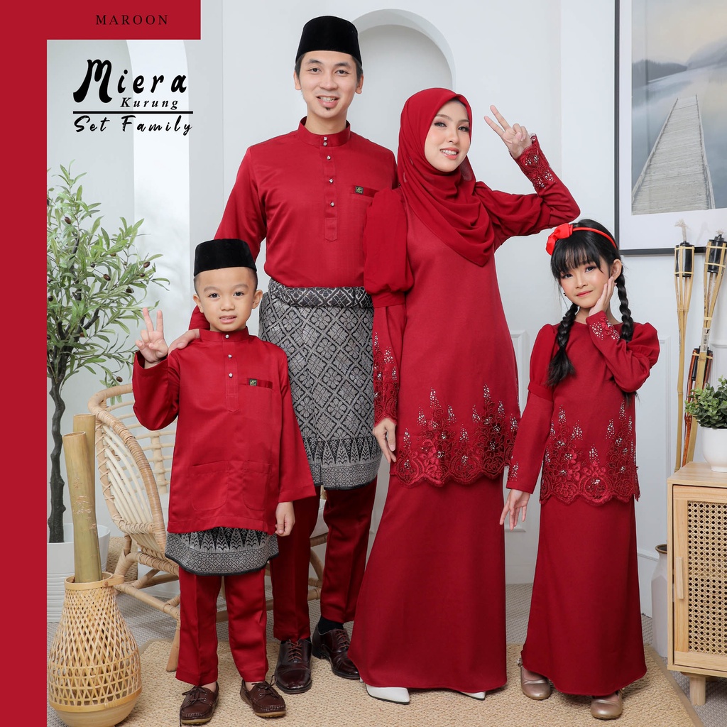 Set Raya 2023 Set Family Warna Maroon Baju Kurung Moden Miera Baju Raya
