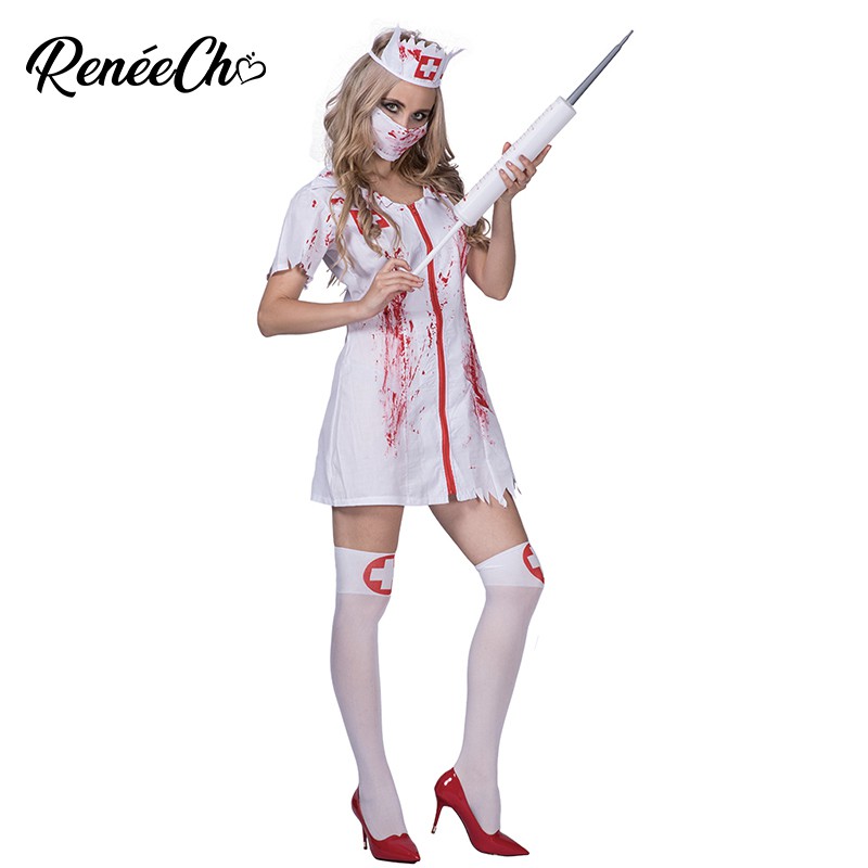 ❤Ready Stock❤ Halloween Women Scary Bloody Zombie Nurse Costume Vampire Cosplay Sexy Uniform Carnival Party Prop Dress