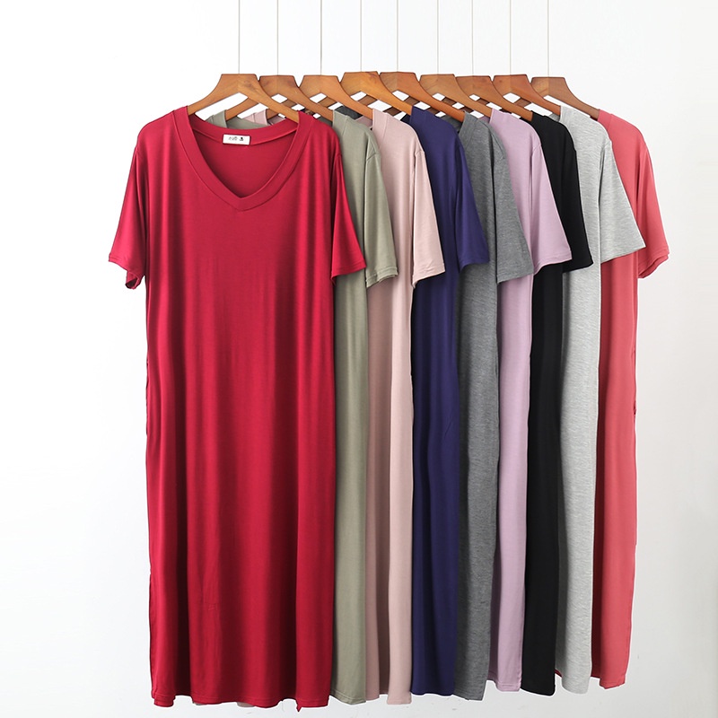 Korean Version New V-Neck Short-Sleeved Cotton Plus Size Dress Loose Casual Split Long Skirt