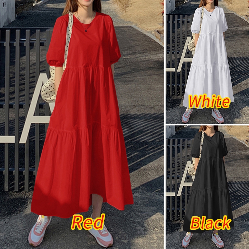 ZANZEA Women Loose Solid Color Puff Sleeve Swing Long Dress #3