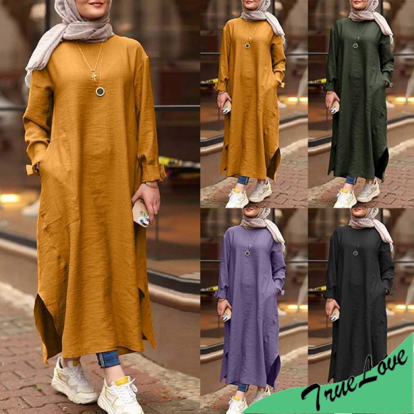 Muslim Long Dress Solid One-Piece Round Neck Jubah Labuh Side Slit