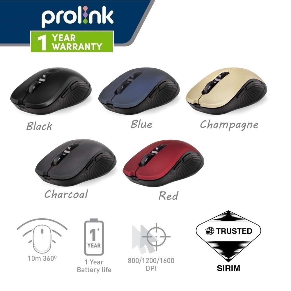 Prolink Wireless Optical Mouse 1600DPI with On/Off Switch Power Saving Free AA Battery PMW6009