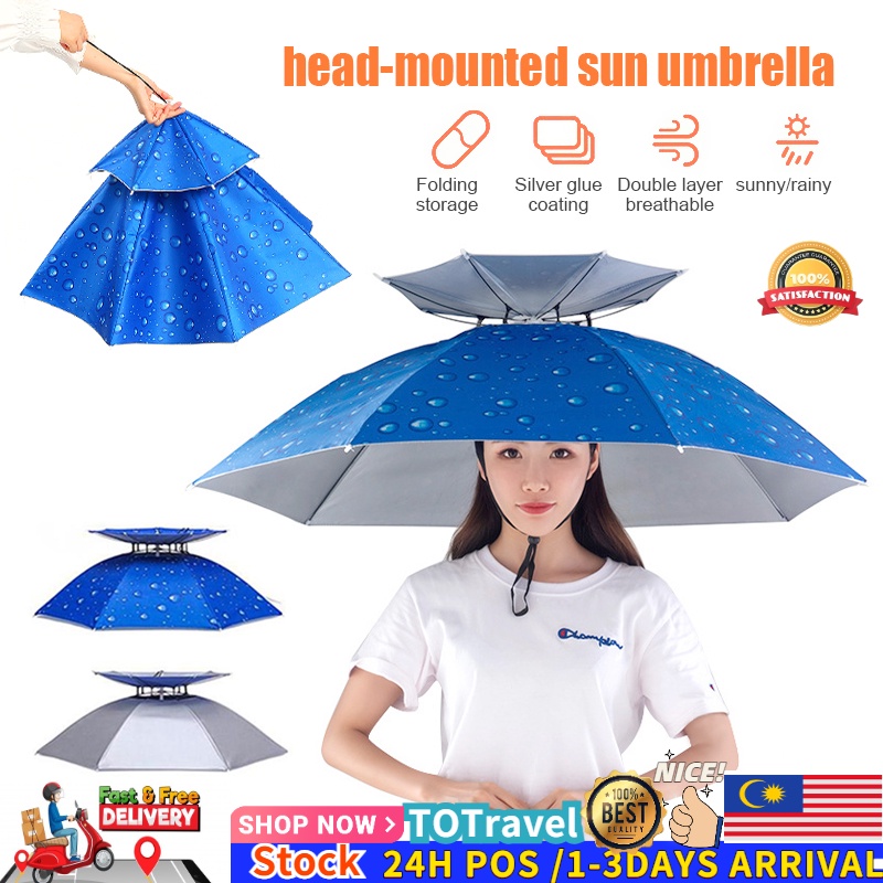 READY STOCK 95cm Umbrella Hat RainProof Fishman hat Head-Mounted Umbrella SunProof hiking payung outdoor Payung Topi头戴雨傘