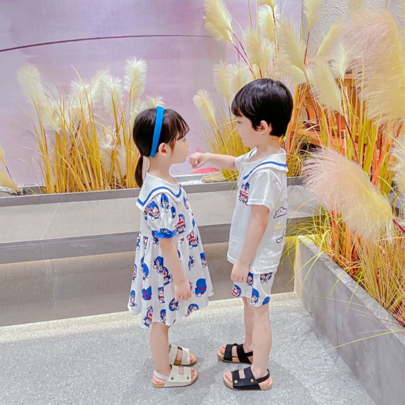 Baby Boy Girl Brother and Sister Matching Outfits boys cartoon collar short  sleeve shorts suit girls full printed dress | Shopee Malaysia