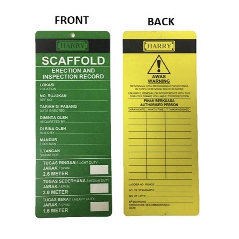 HARRY Safety Scaffolding Scaffold Tag Green Tag / Yellow Tag Lockout Tag 1PCS