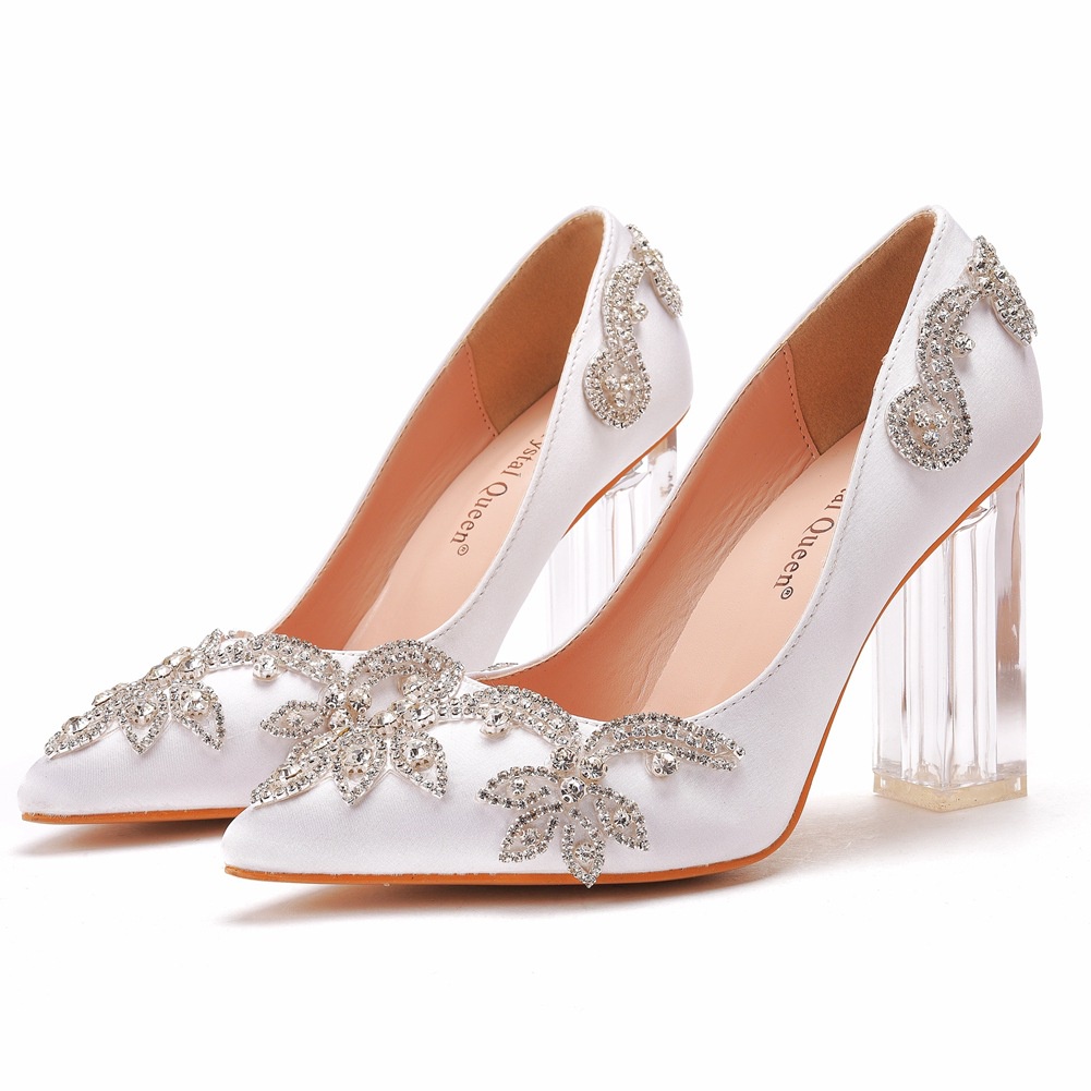 SHXY · 9cm Crystal Transparent Square Heel Pointed Toe Single Shoes Prom Bridal Satin Cloth Rhinestone Skirt Wedding