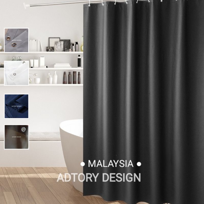 ADTORY Douglas quality shower curtain black white grey solid polyester plain peva color 180cmx180cm Malaysia ready stock