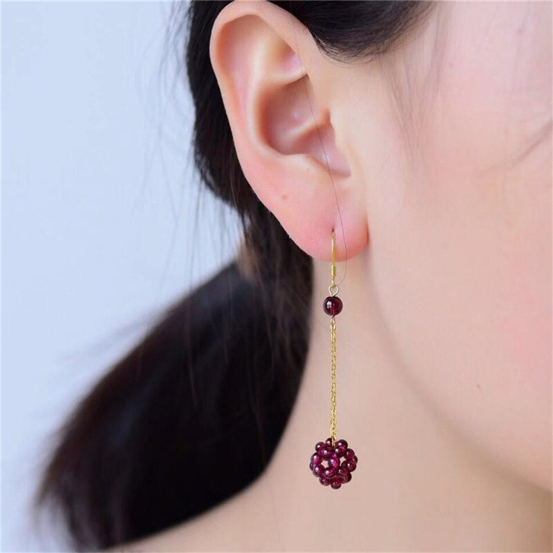 Natural Garnet Ball Earrings Female Colorful Stones Ear drop Handmade Knitted Earings Ethnic Jewelry Gift_voghion.com