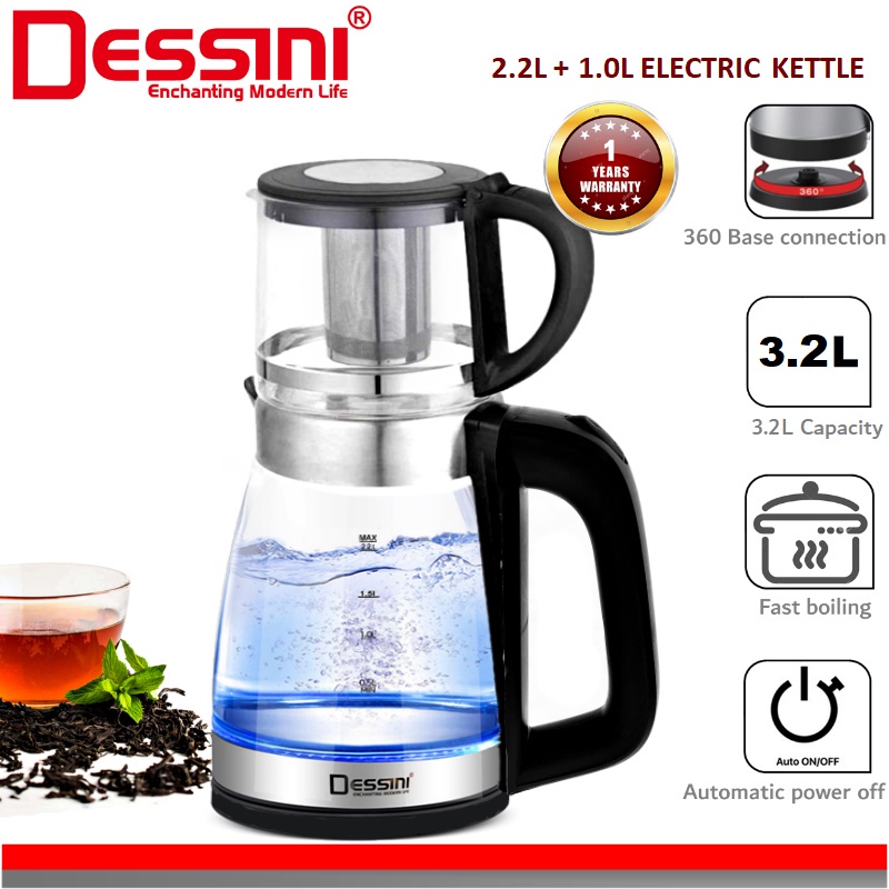 【ORIGINAL】 DESSINI ITALY 2.2L + 1.0L Glass LED Light Electric Kettle Automatic Cut Off Boiler Jug Teapot / Cerek